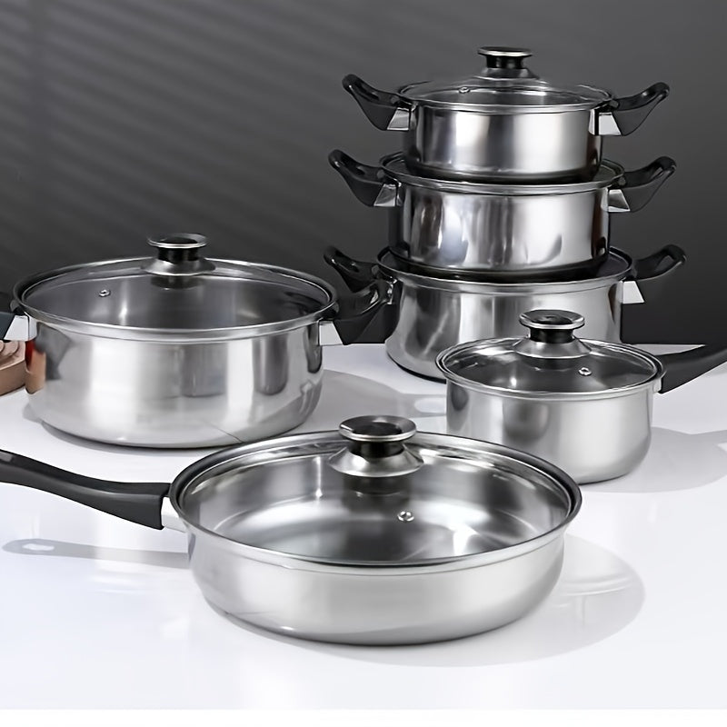 Набор посуды из нержавеющей стали на 12 предметов с антипригарными сковородами для газовых и индукционных плит