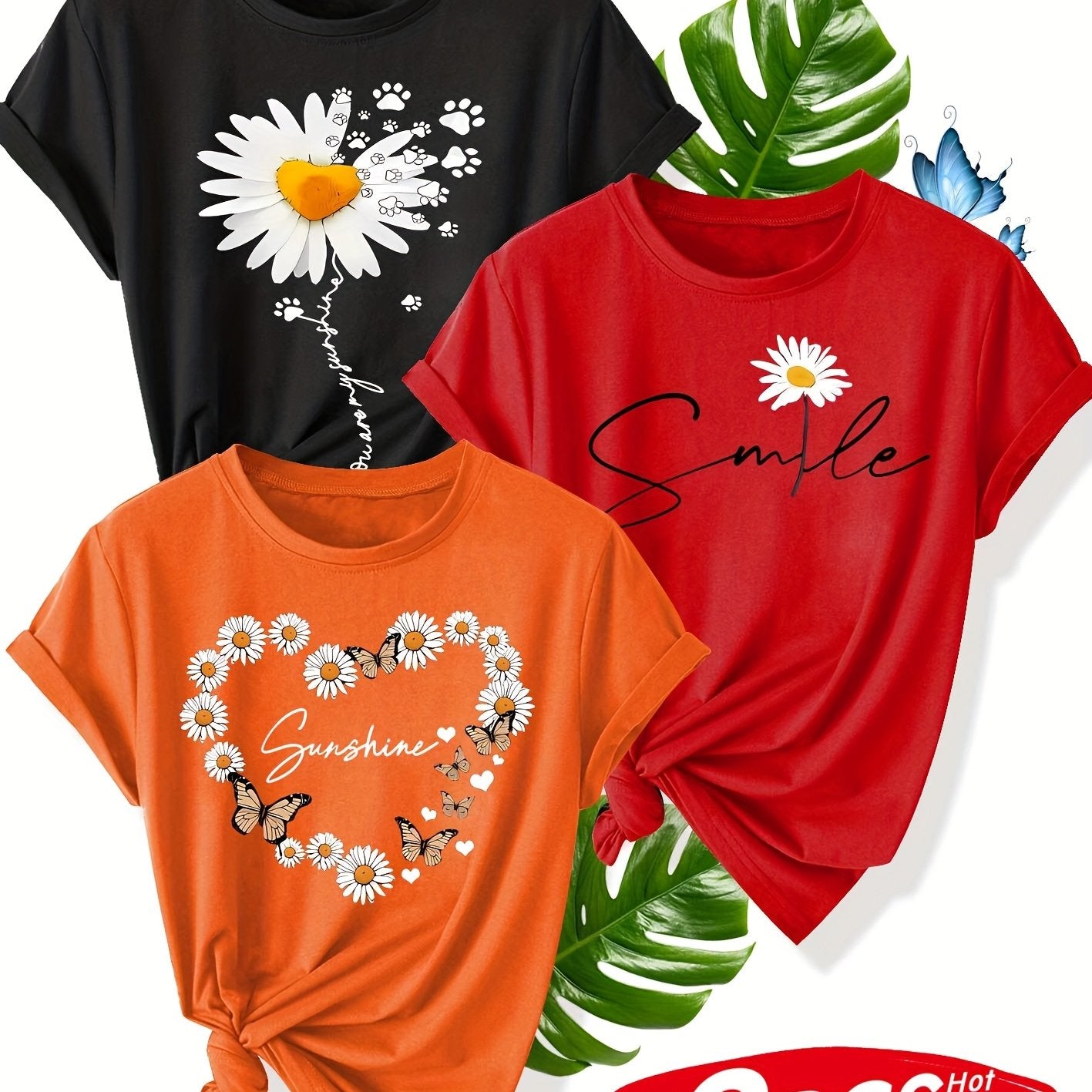 Women's Cotton Butterfly Pattern T-Shirt Summer Casual Short Sleeve