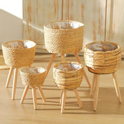 Nordic Style Plant Basket Decor Woven Rattan Flower Pot with Wooden Legs Indoor Balcony Stand 18cm 29cm 50cm