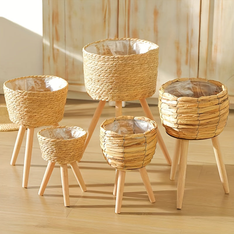 Nordic Style Plant Basket Decor Woven Rattan Flower Pot with Wooden Legs Indoor Balcony Stand 18cm 29cm 50cm