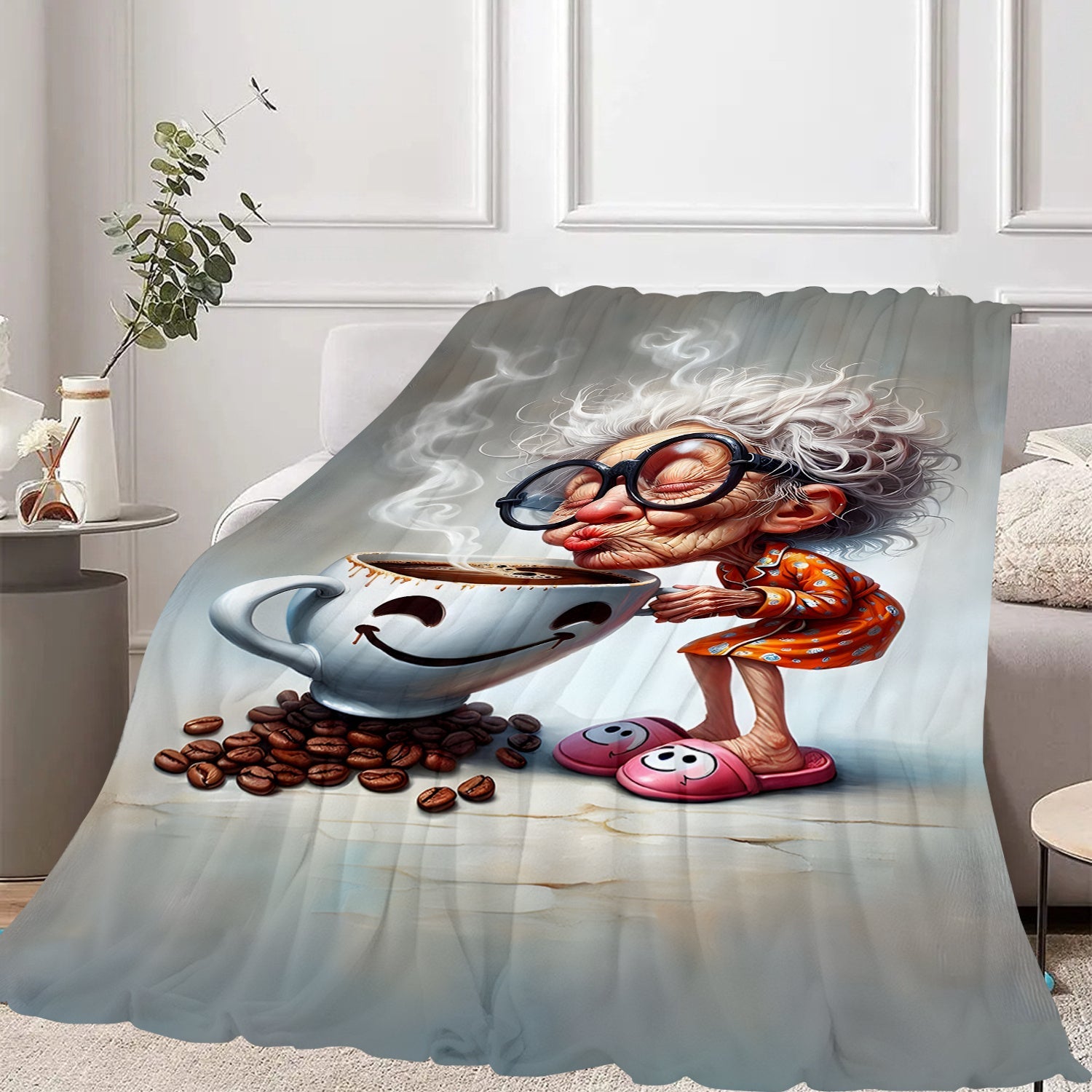 Cozy Flannel Blanket with Coffee Print Lightweight All-Season Knit Throw for Living Room Bed Decor