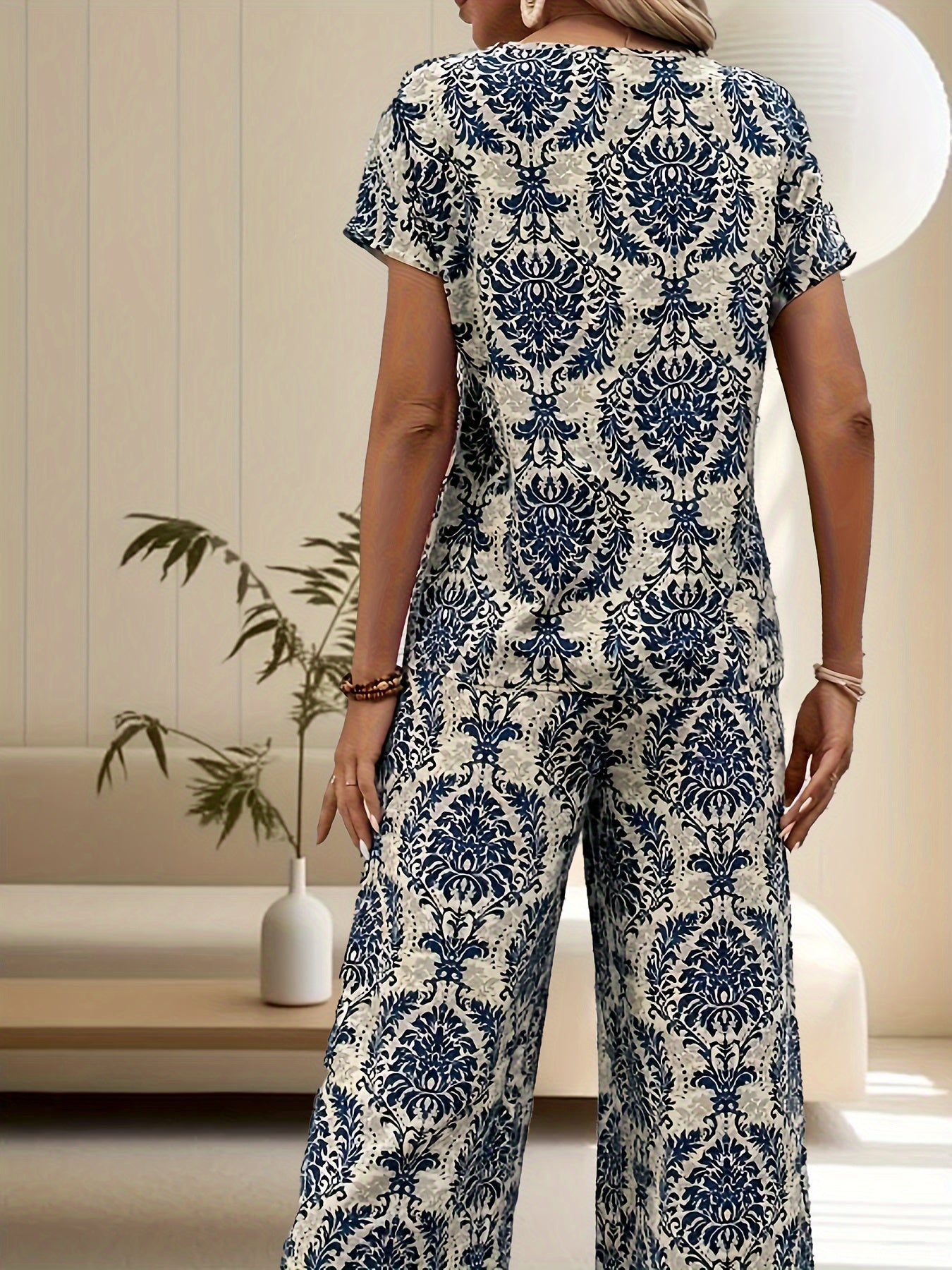 Conjunto de blusa de verano con estampado floral y pantalones de pierna ancha para mujer