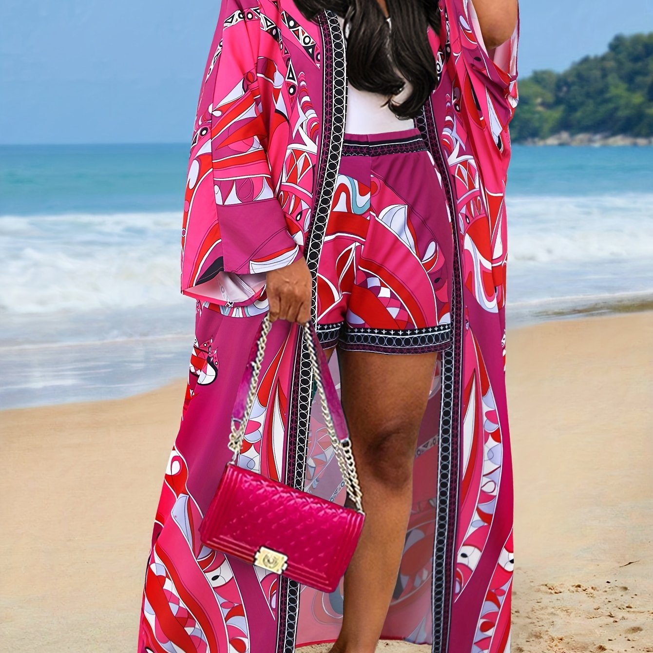 Conjunto de dos piezas con estampado tropical para mujer, cárdigan de abertura frontal en verde y amarillo, pantalones cortos de tiro alto, casual, poliéster