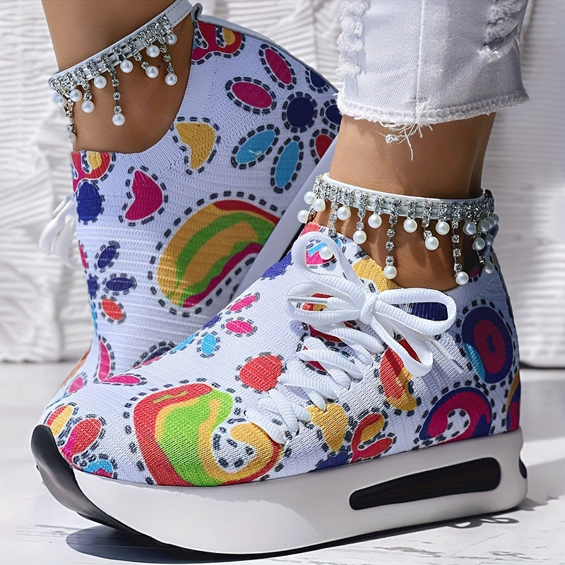 Women's Casual Lace-Up Printed Low Top Sneakers Fabric Upper All-Season