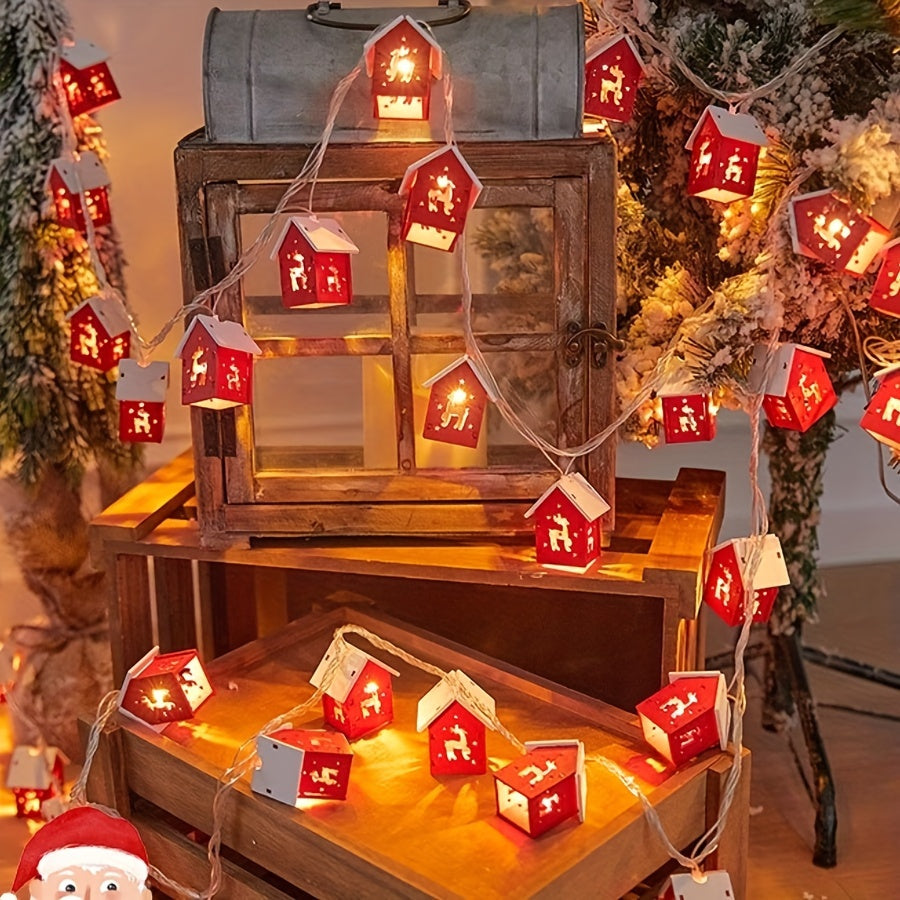 Casa de reno de madera con luces de hadas de cuento de hadas, 2M, 10 LED, guirnalda de Navidad roja, alimentada por batería