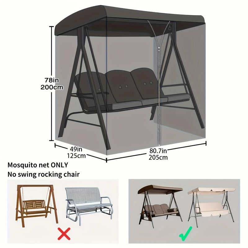 Black Patio Swing Chair Cover with Mosquito Net Waterproof Adjustable 124-203cm