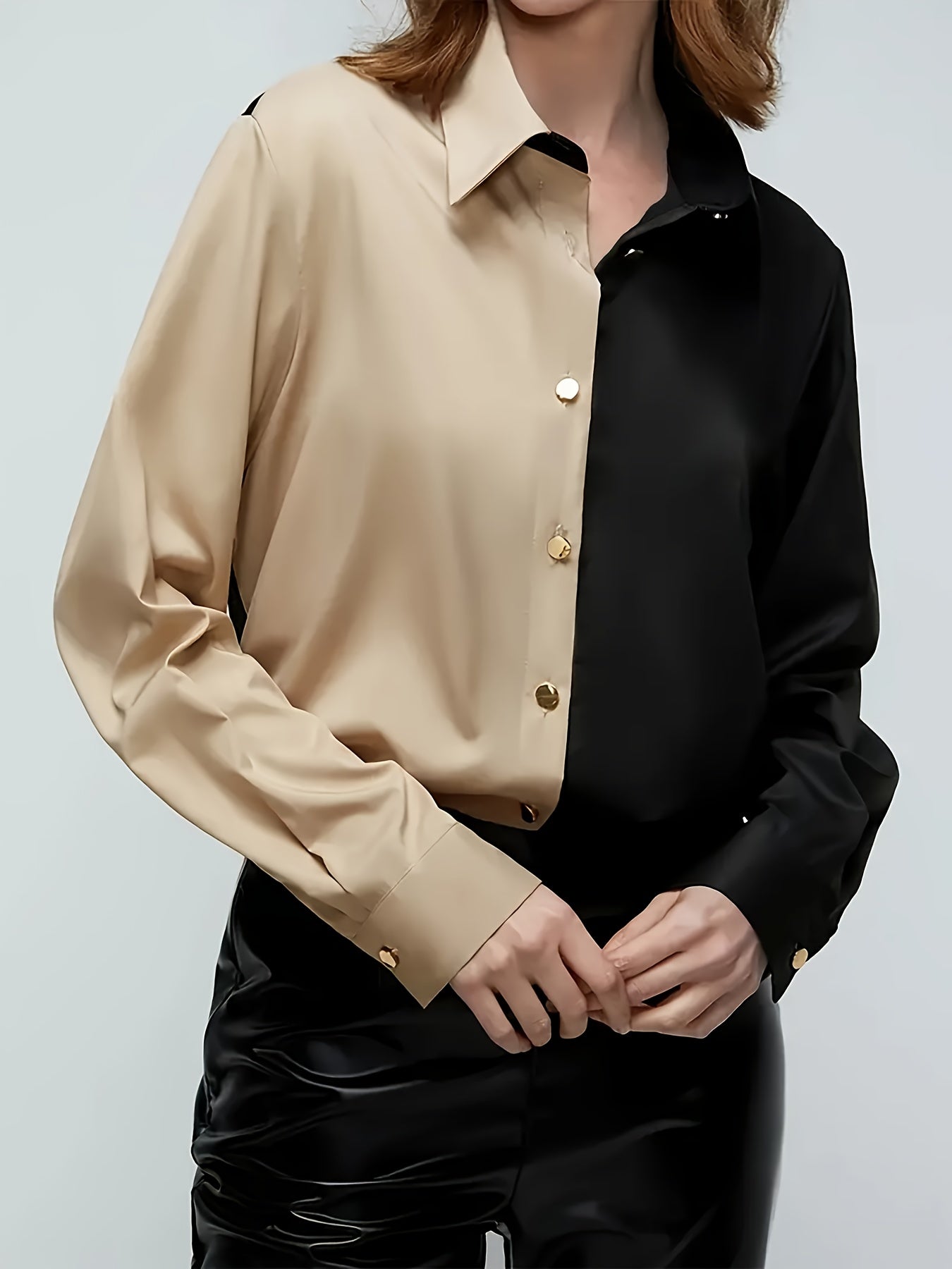 Women's Long Sleeve Color Block Shirt with Button Front and Lapel Collar for Spring and Fall