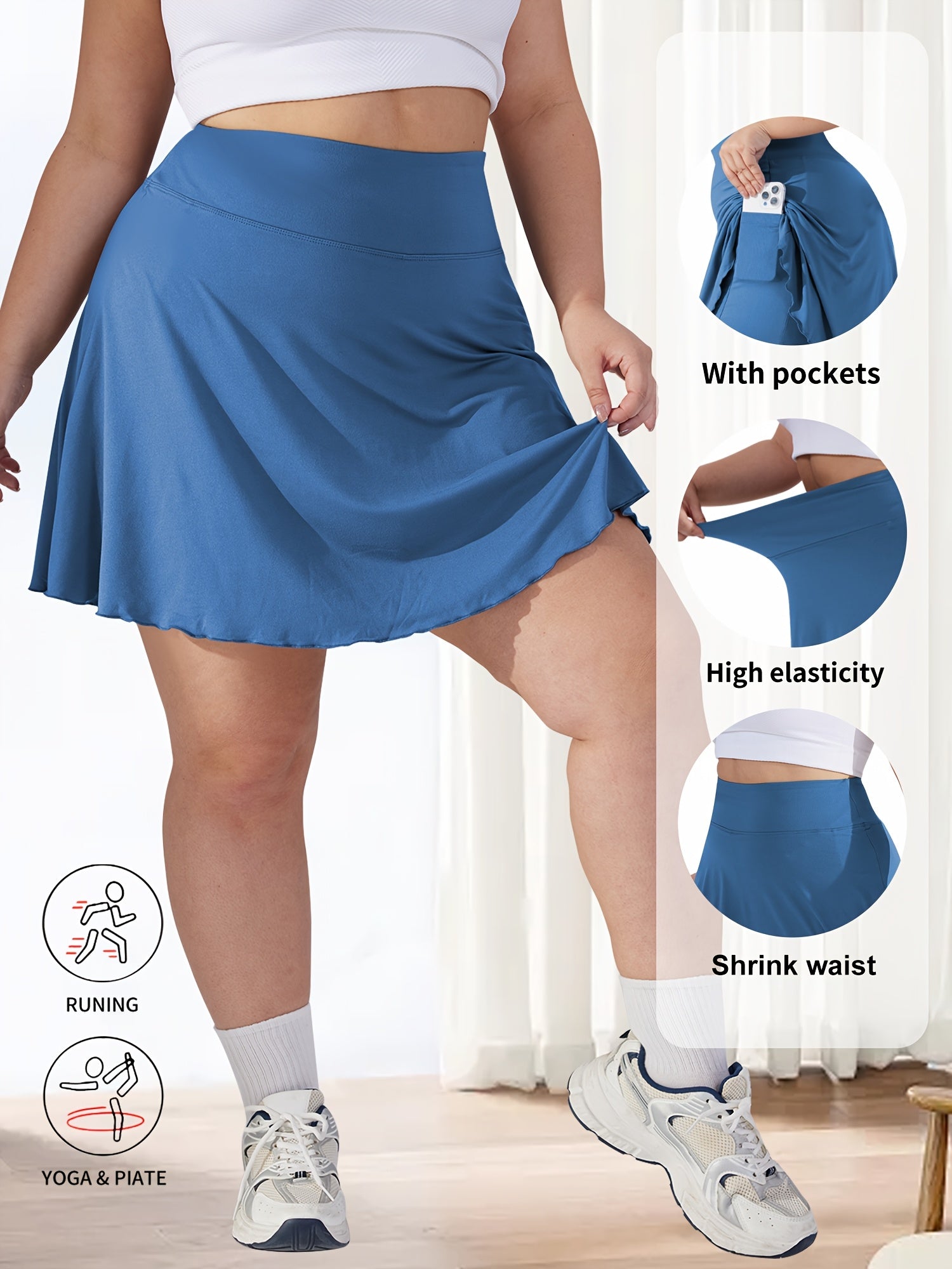 Plus Size Women's Tennis Skirt Pants with Side Pockets Set