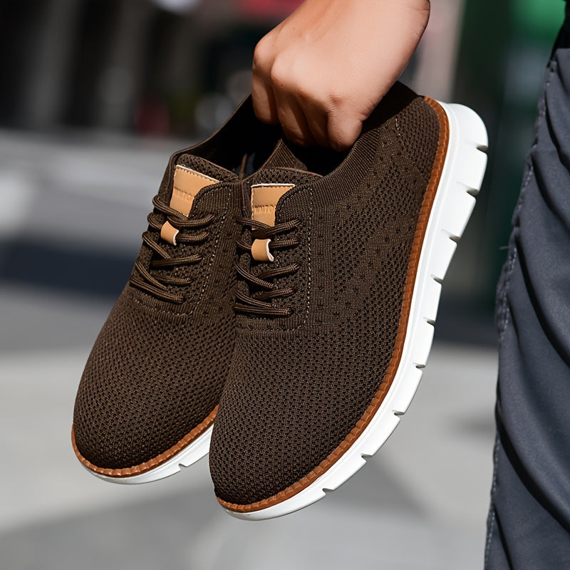 Men's Breathable Knit Business Casual Shoes Beige Brown Leather Upper EVA Sole Round Toe All-Season