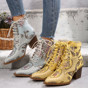 Women's Floral Embroidered Ankle Booties Leather High Heel Lace-Up