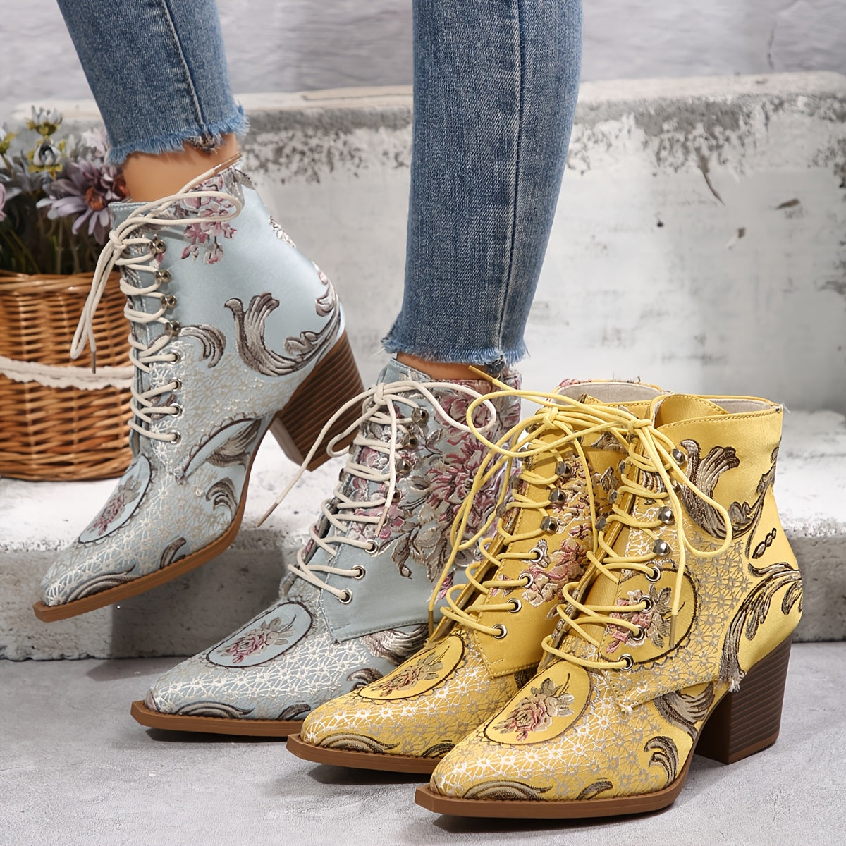 Women's Floral Embroidered Ankle Booties Leather High Heel Lace-Up