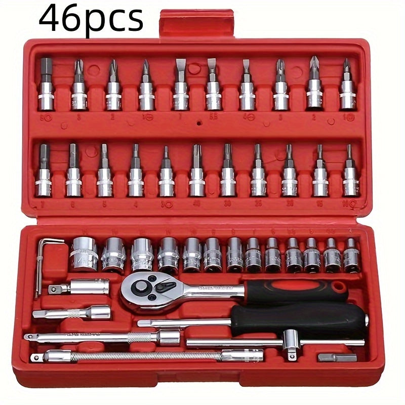 Juego de llaves de vaso de 46 piezas, juego de herramientas con carraca de 1/4 de pulgada para coche y bicicleta