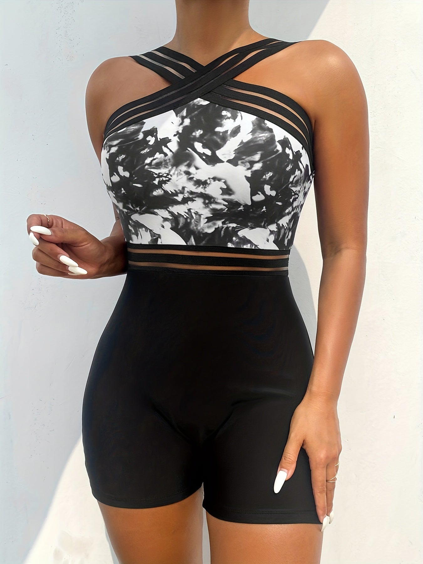 Women's Mesh One Piece Swimsuit with Criss Cross Neck and Boxer Short Bottom