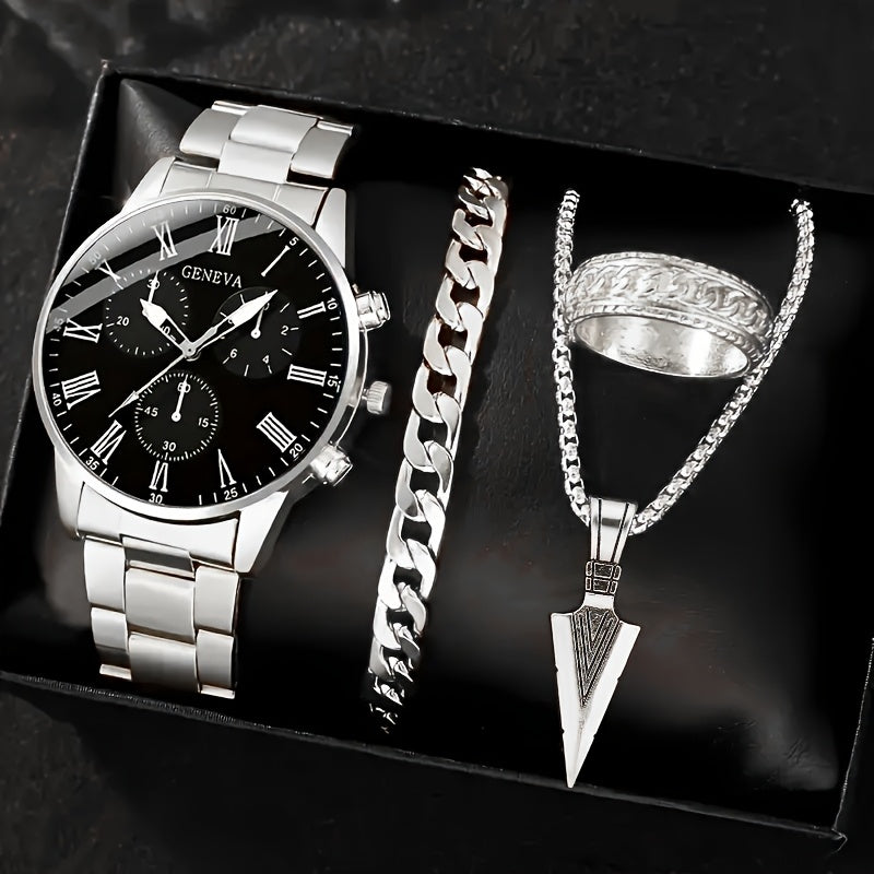 Men's Gift Set Stainless Steel Watch Necklace Bracelet Ring Business Casual