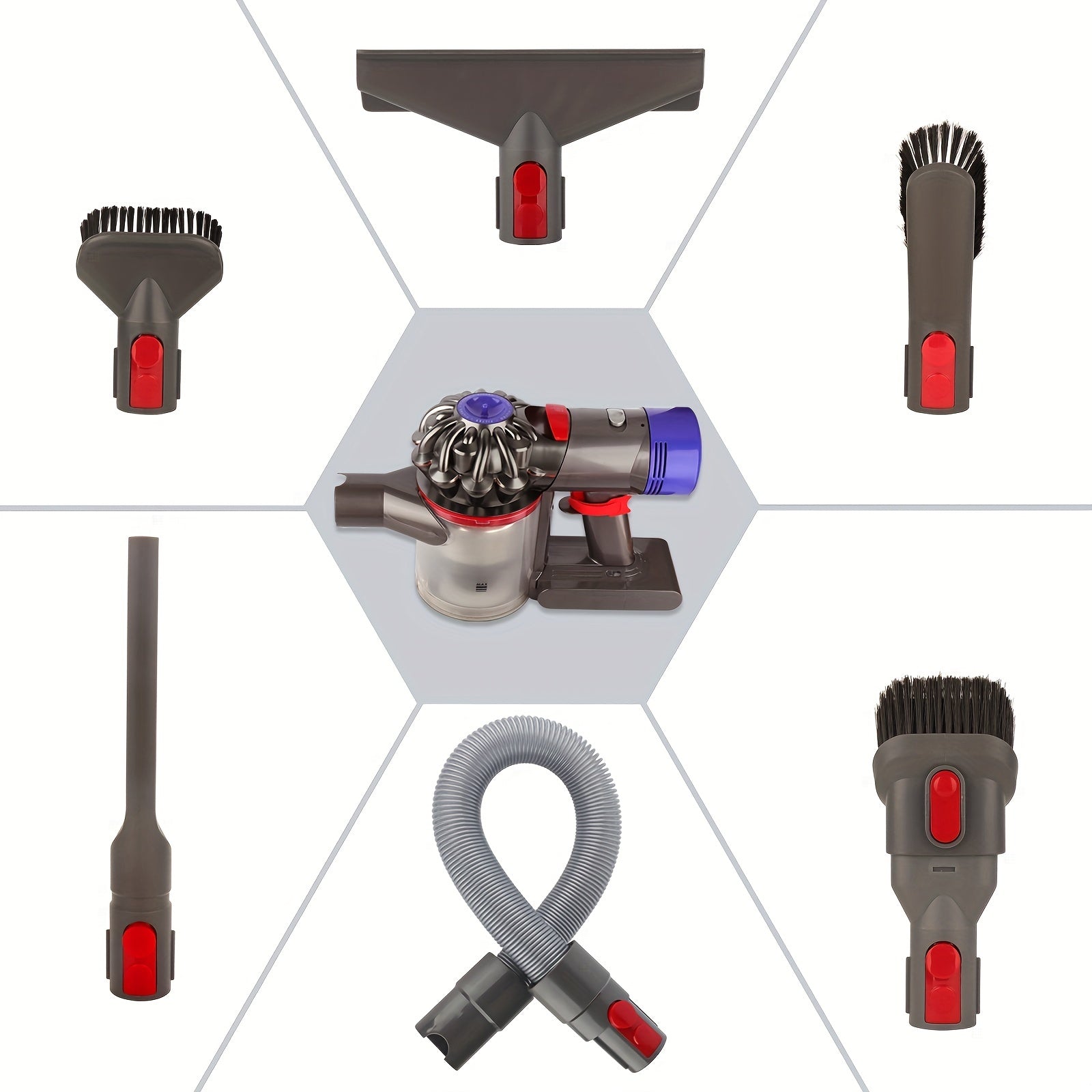 6 ta bo'lakdan iborat vakuum ulanish to'plami - V15, V12, V11, V10, V7 va V8 Absolute Detect modellari uchun mo'ljallangan yumshoq matras, kattalashtirilgan va tsiklon tozalash aksessuarlarini o'z ichiga oladi.