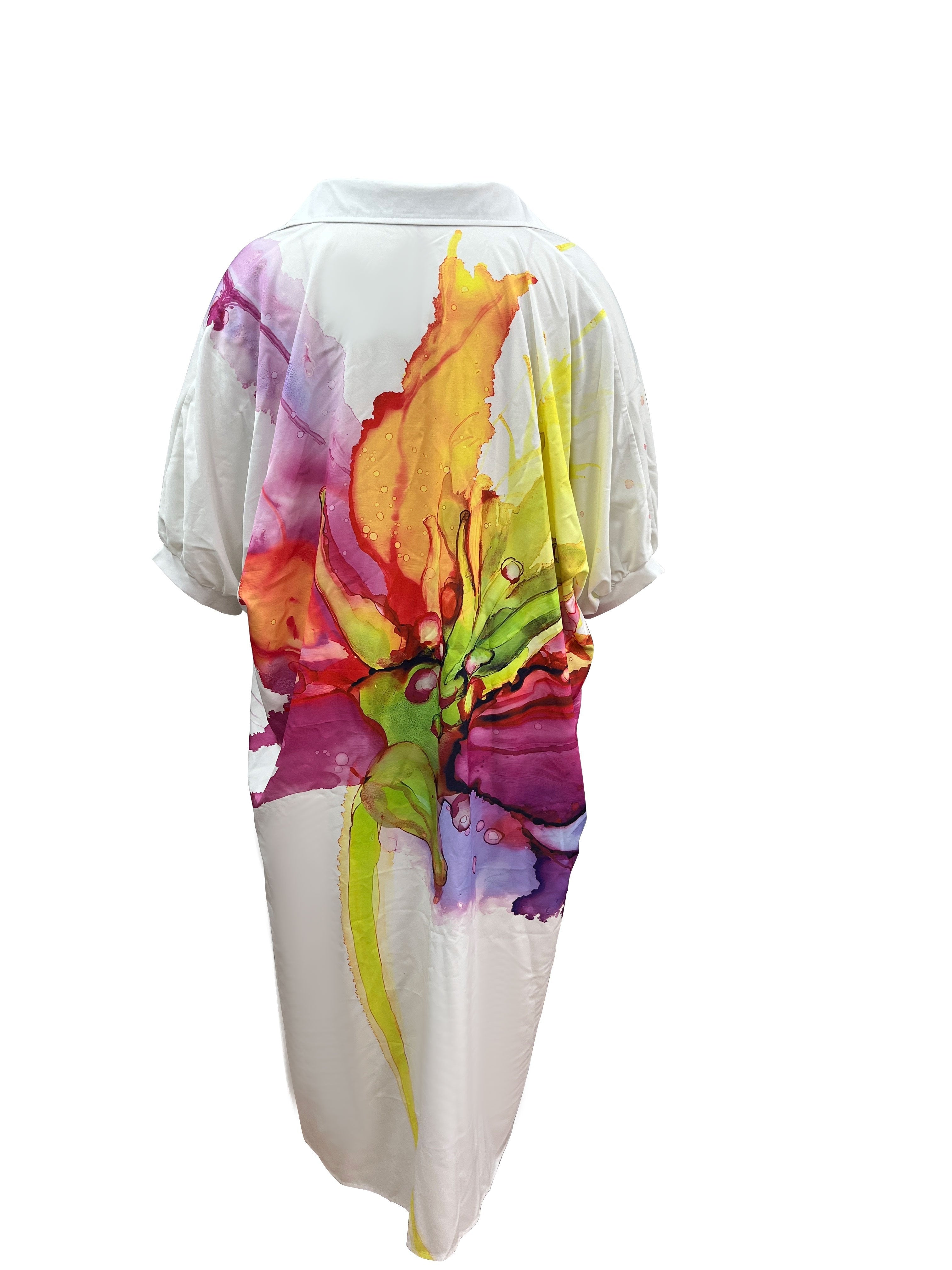 Women's Floral Print Mid-Length Shirt Dress with Half Sleeves and Button-Up Collar