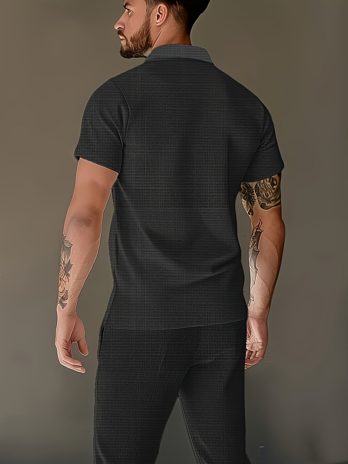Men's Casual Set Waffle Collar Short Sleeve Top and Long Pants Solid Color Summer