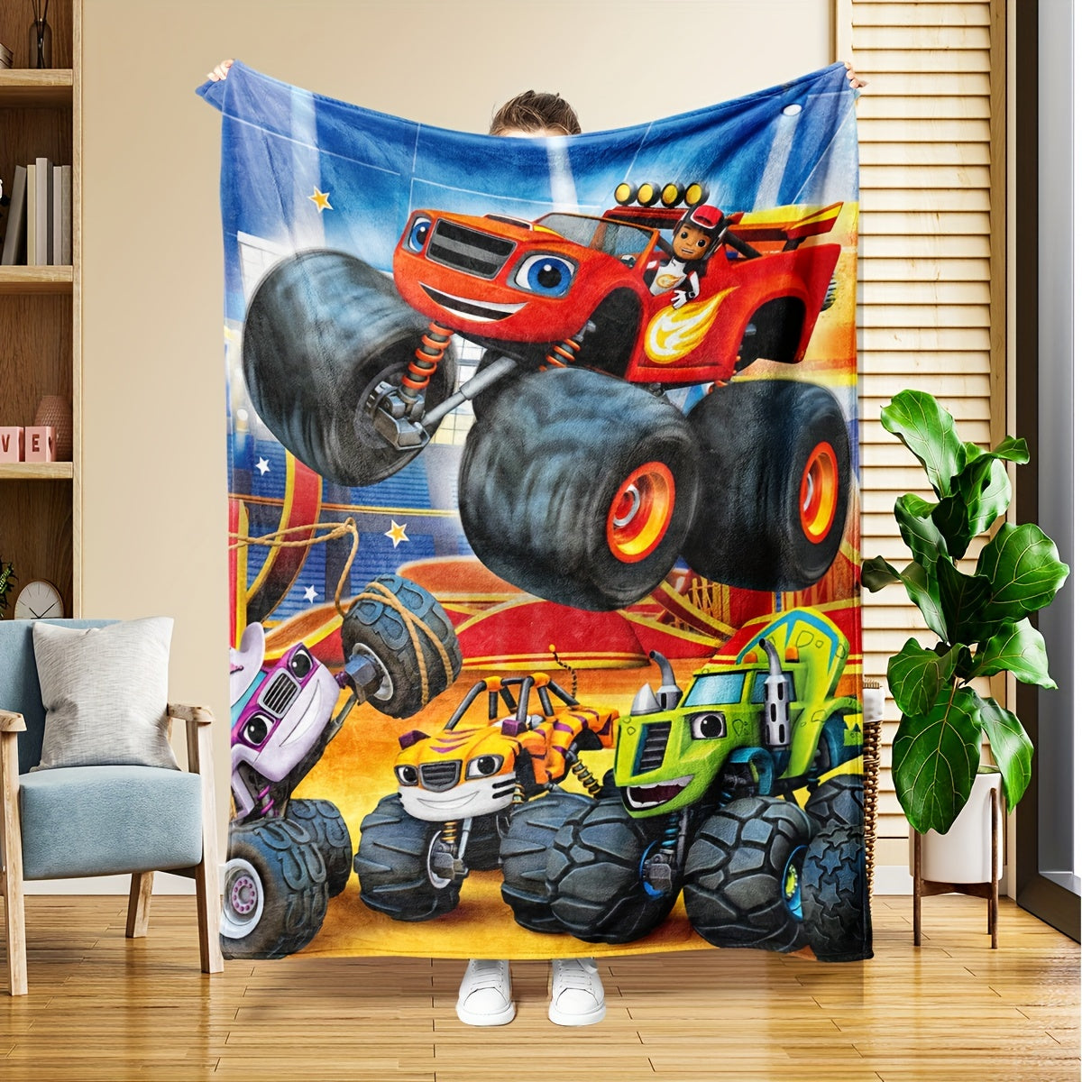 Cartoon Truck Pattern Flannel Throw Blanket for Couch Bed Sofa Travel