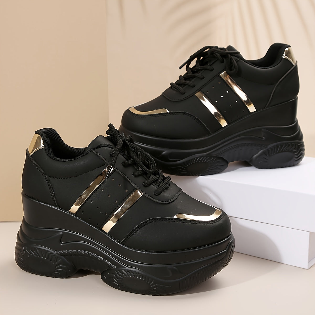 Women's Breathable Sneakers with Rubber Sole Black and Gold Accents