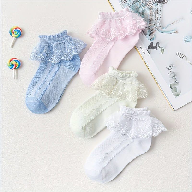 Girls' Crew Socks 4 Pairs Lace Ruffle Trim Breathable Comfortable All-Season