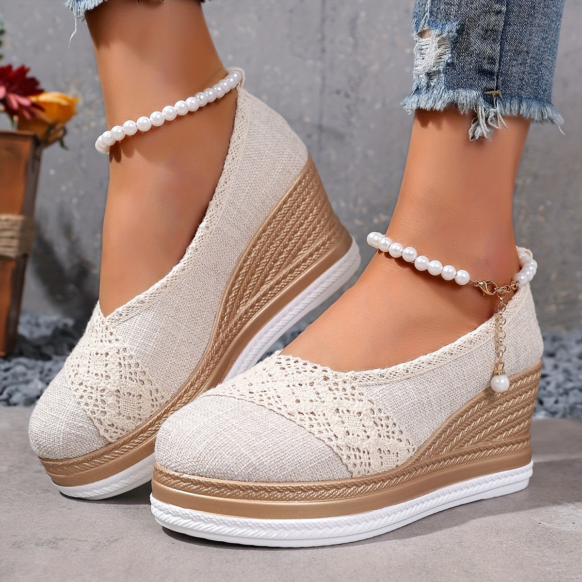 Women's Slip-On Loafers Wedge Sole Breathable Fabric Casual Shoes Beige White