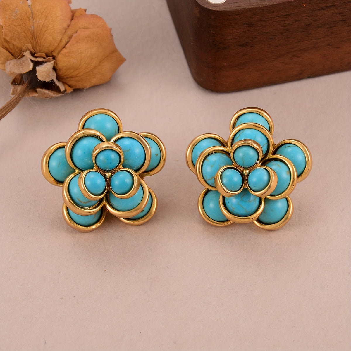 Women's Bohemian Floral Stud Earrings with Turquoise Mosaic and Silver Ear Needle