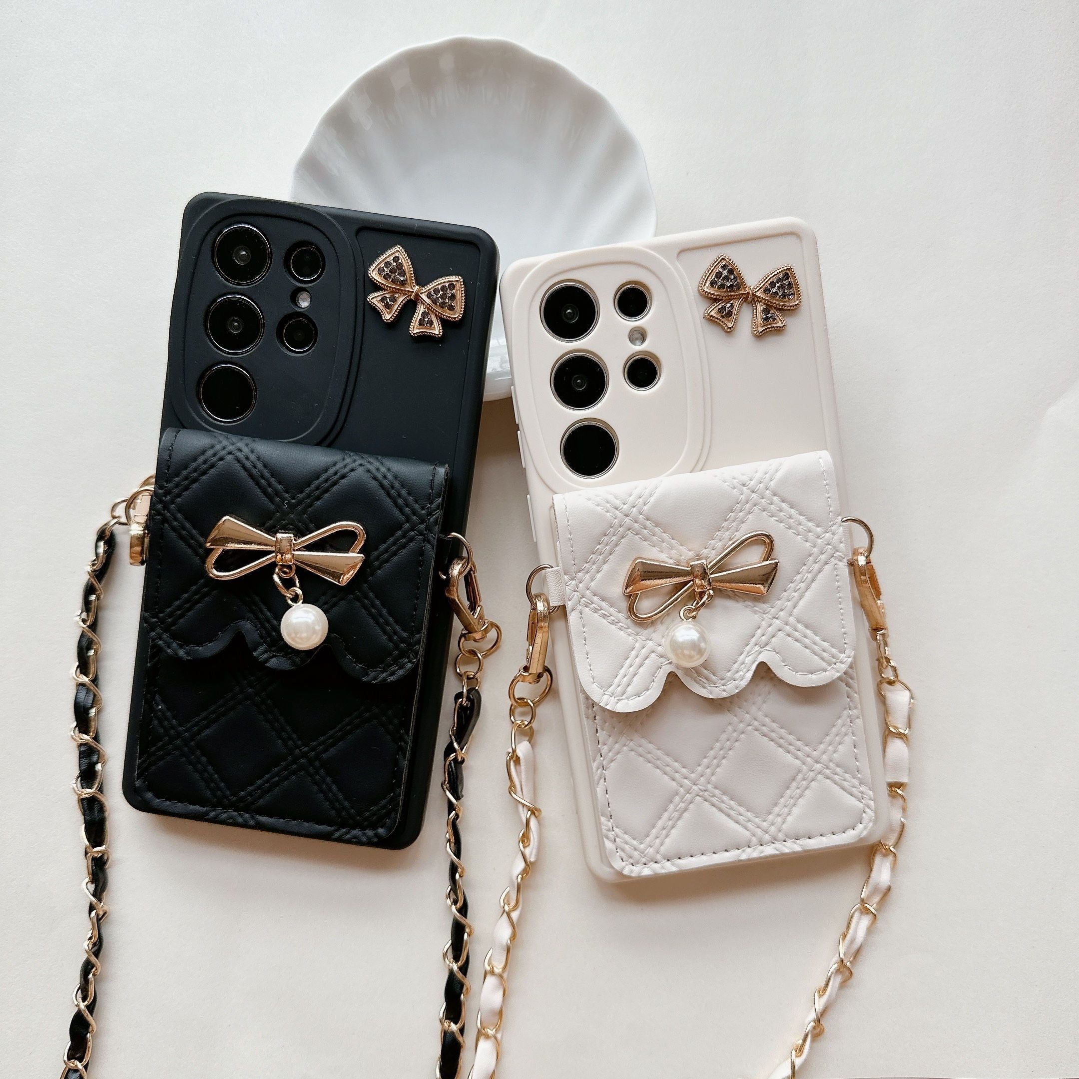 Pearl Bowknot Diamond Phone Case for Samsung Galaxy with Lanyard Full Cover Protection