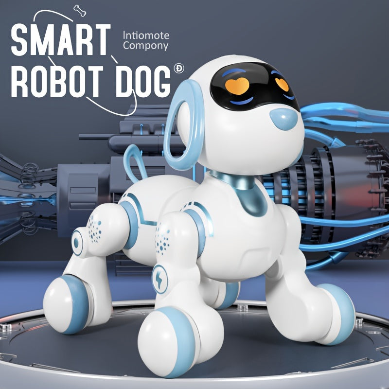 Juguete robot interactivo para niños de 3 años en adelante, perro RC programable en azul y blanco con control remoto por infrarrojos