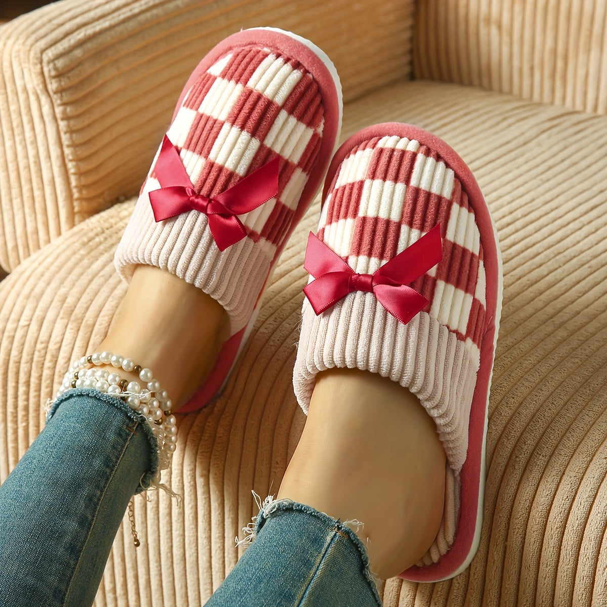 Женские плюшевые домашние тапочки-слипоны с бантом, в клетчатый узор, с амортизирующей подошвой из EVA