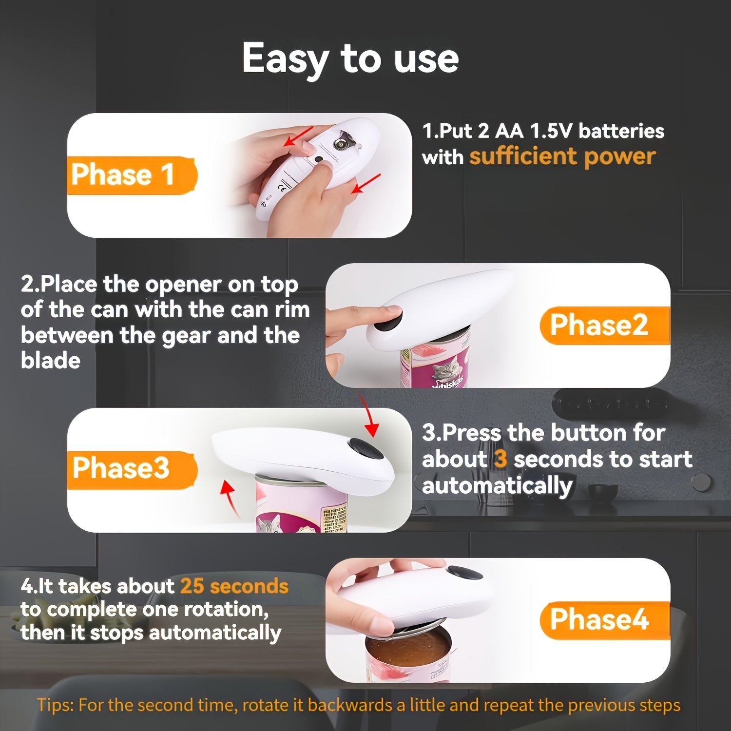 Yumshoq chetlar bilan ergonomik elektr shisha ochgich, avtomatik shisha ochgich. Keksa va harakatda muammo bo'lganlar uchun ideal. Oshxona va tabiatda yurish uchun mukammal. AA batareyasi bilan ishlaydi (batareya
