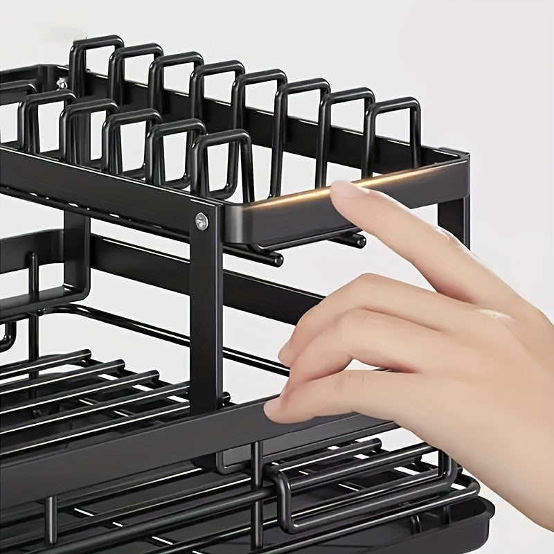 Double Layer Dish Rack with Drainboard and Utensil Holder for Kitchen Countertop Storage