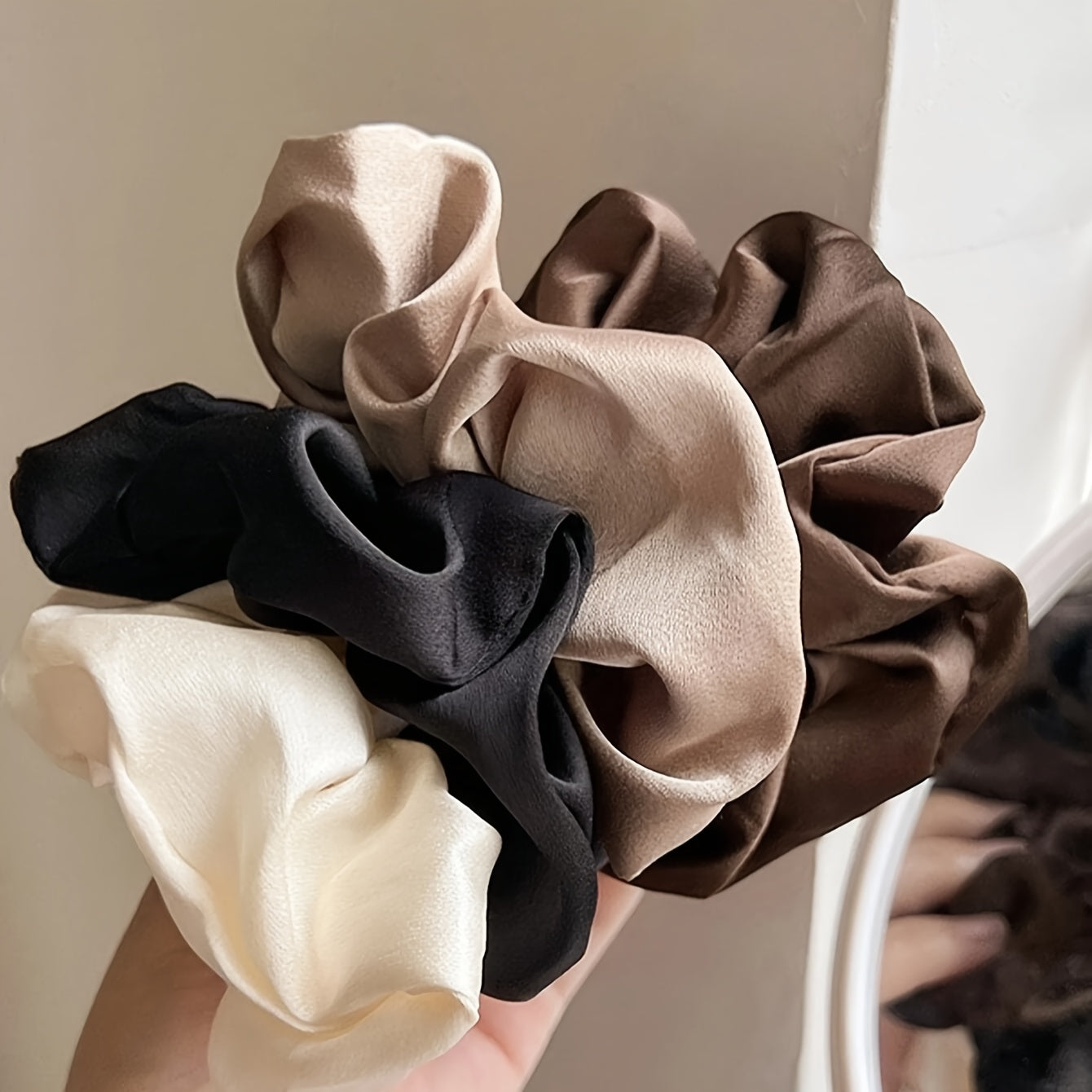 Set of 5 Elegant Fabric Hair Scrunchies in Black White and Brown for All Ages