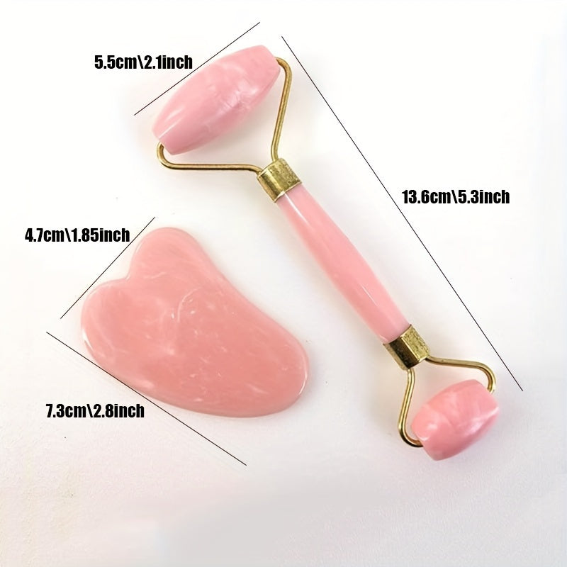 2pcs Rose Quartz Facial Roller Set with Heart-Shaped Gua Sha for Face and Eye Massage