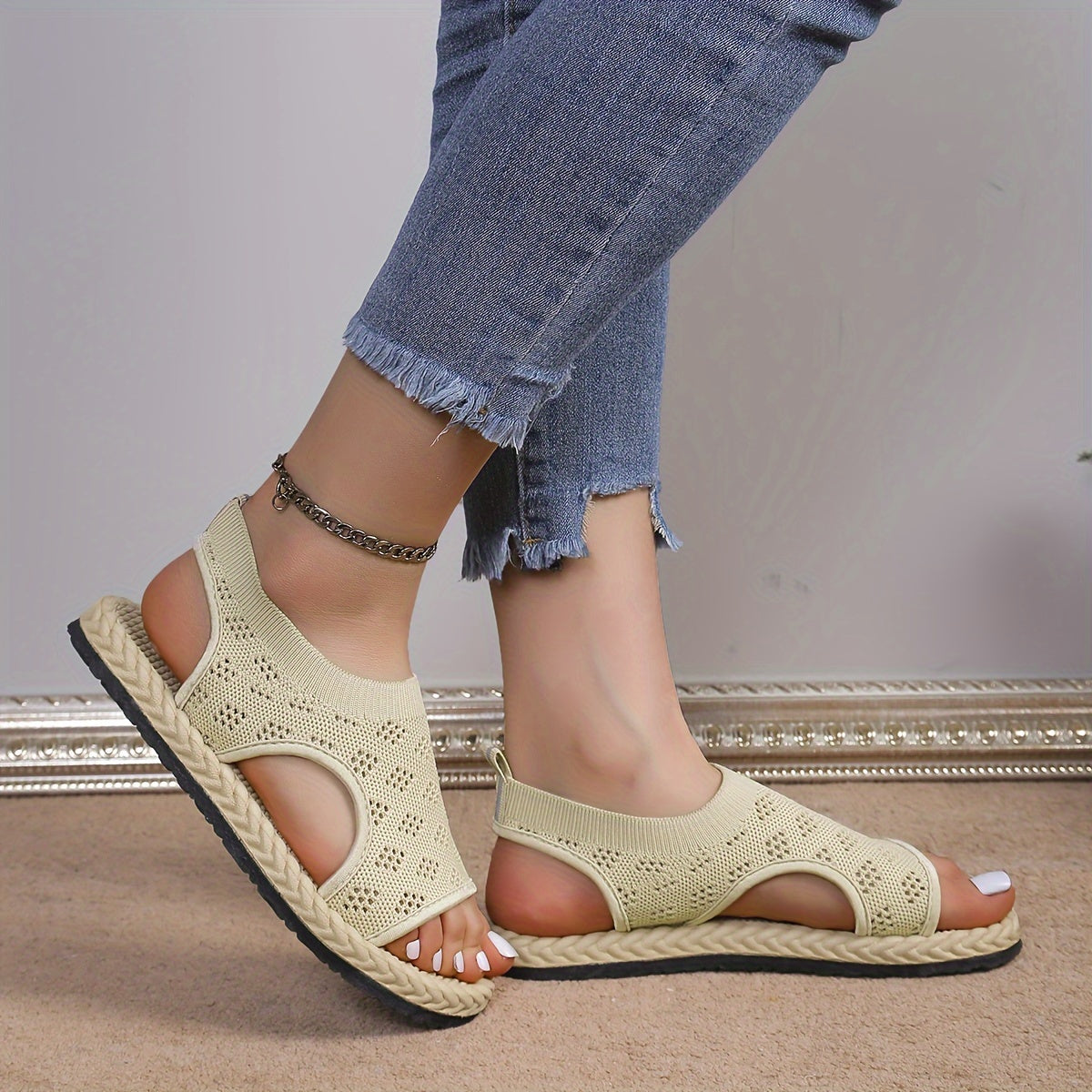 Women's Knit Slip-On Sandals Soft Sole Non-Slip Beach Shoes