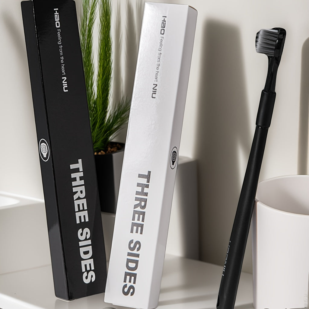 Mikrofiber tuklar bilan jihozlangan, chuqur tozalash, qulaylik va oilaviy foydalanish uchun mo'ljallangan ixcham 3 tomonlama qo'l tish cho'tkasi.