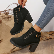 Women's Chunky Heeled Ankle Boots Solid Color Lace Up Side Zipper Retro Short Boots