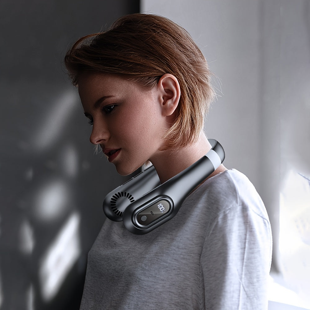 Portativ qirqsiz bo'yin ventilyatori, yuqori tezlikda, USB orqali zaryadlanadigan va tugma boshqaruvi, ichki va tashqi foydalanish uchun shaxsiy sovutish qurilmasi, 3000mAh litiy batareyasi bilan jim ishlash.