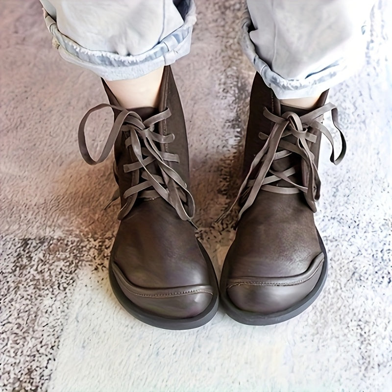 Women Leather Ankle Boots Casual Lace-Up Rubber Sole Winter Solid Color