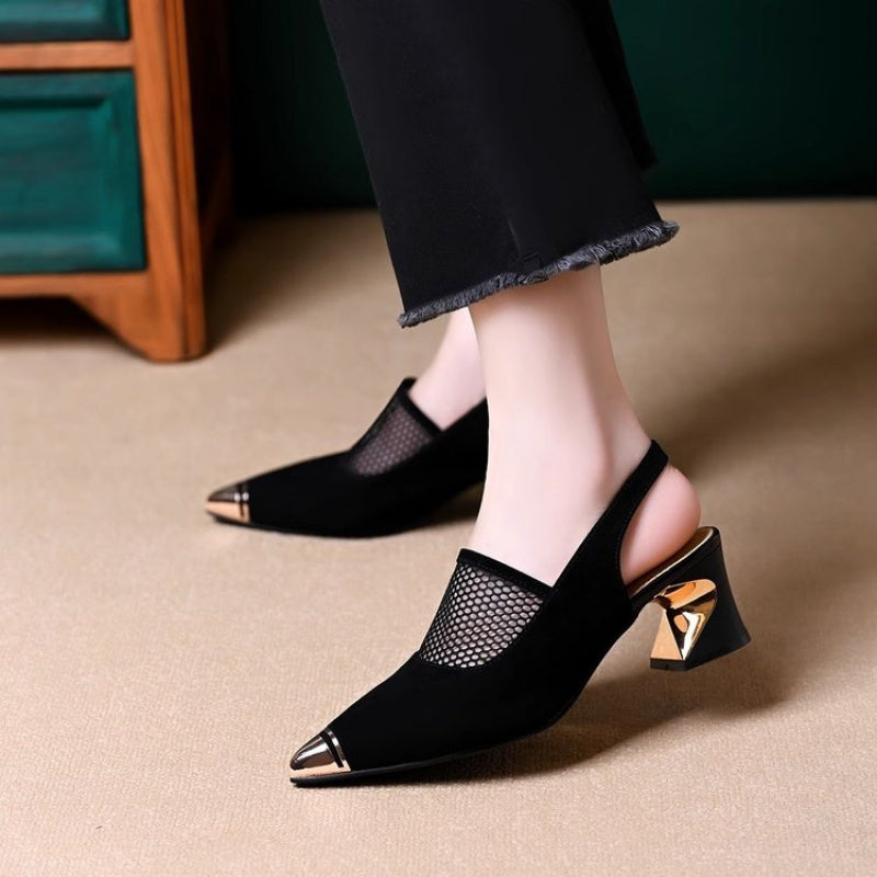 Women's Black Mesh Cut-Out Pointed Toe Ankle Boots with Chunky Heel