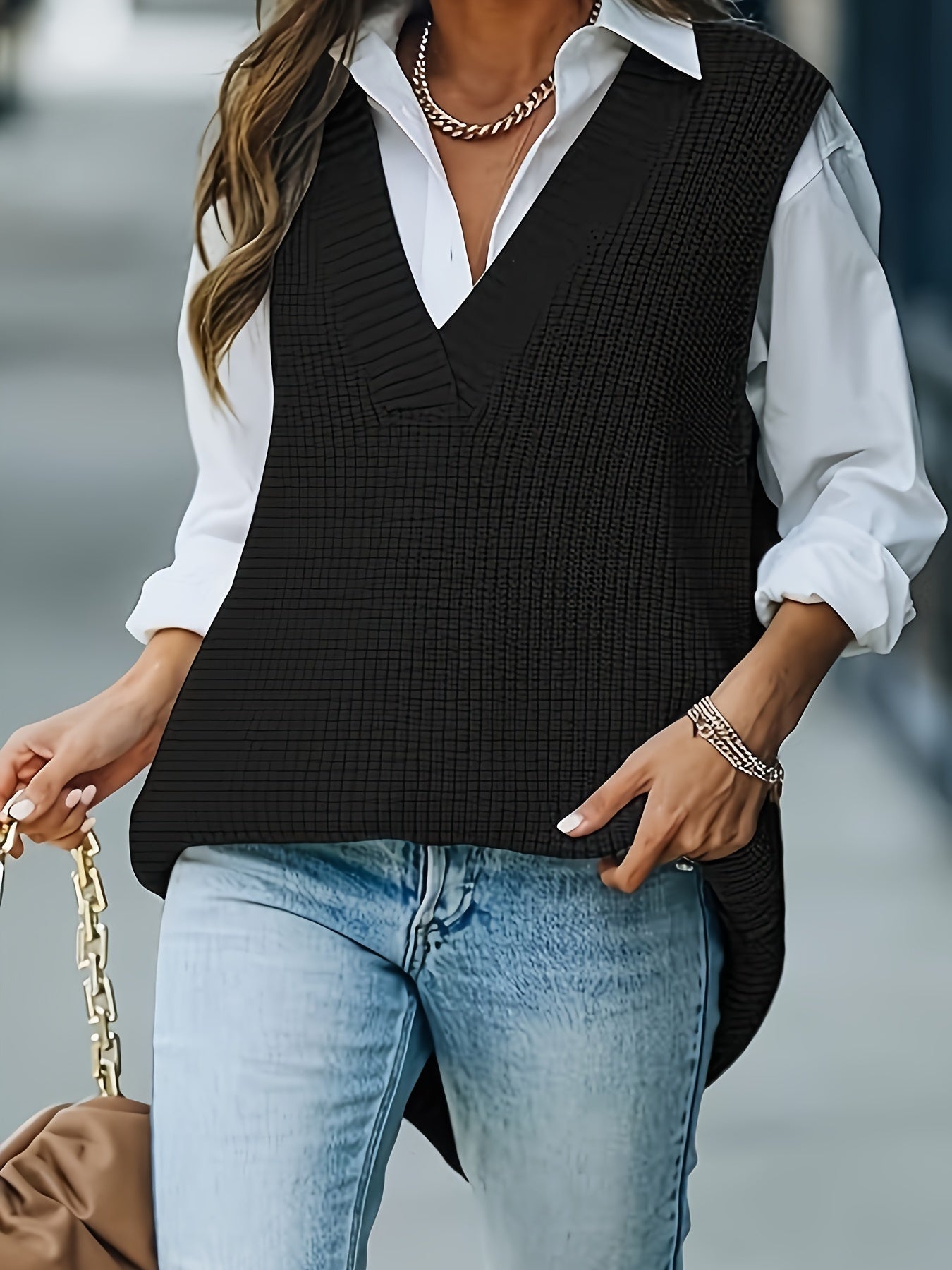 Женский вязаный жилет с V-образным вырезом, однотонный, повседневный свитер на выходные