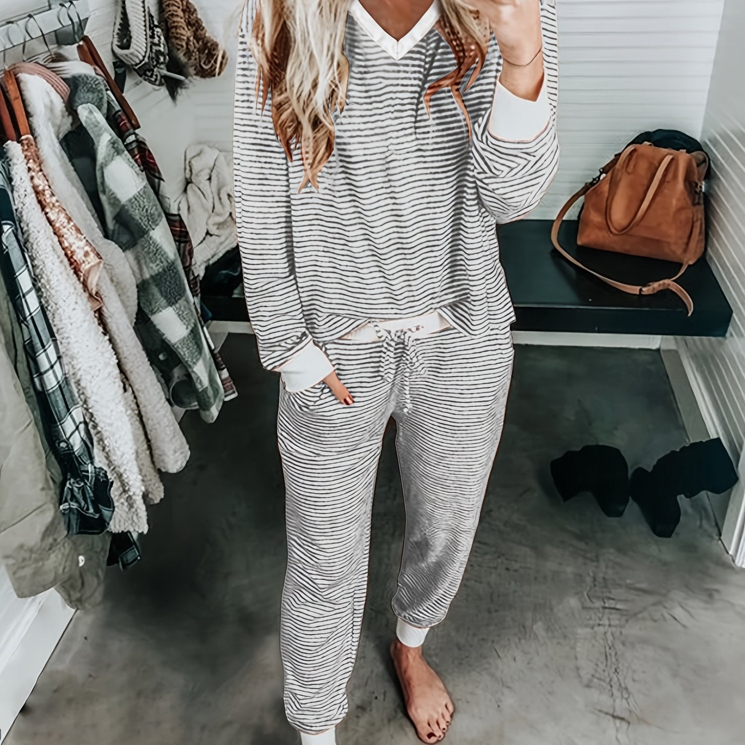 Adult Striped V-Neck Knit Loungewear Set with Long Sleeves and Pants