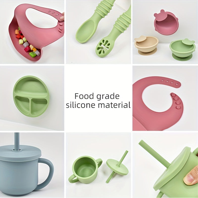 Juego de vajilla de silicona para niños pequeños, 8 piezas, incluye plato, cuenco, cuchara, tenedor, pajita, taza, babero, libre de BPA, no tóxico, apto para lavavajillas, para edades de 0 a 3 años