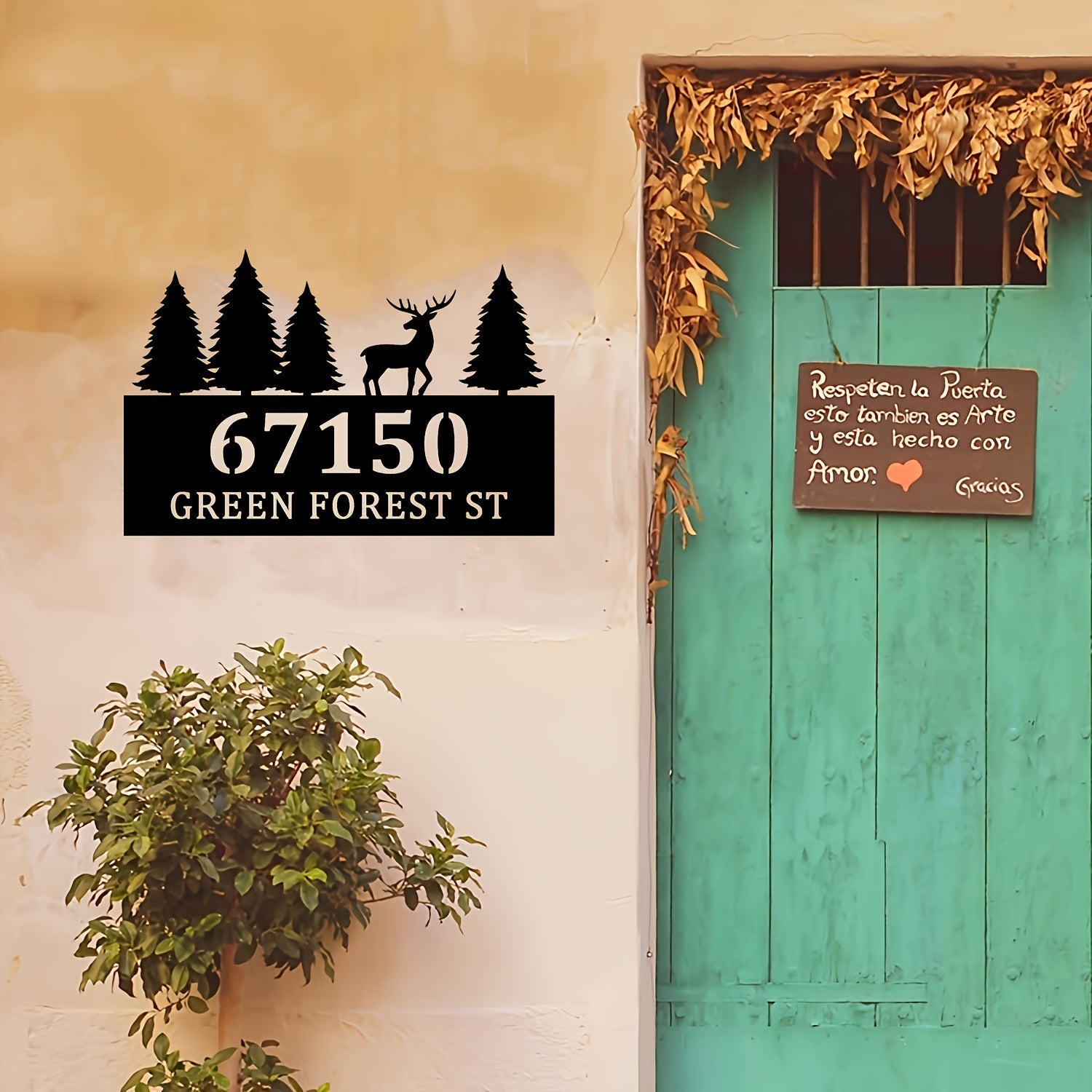 Metal House Number Sign with Forest and Deer Silhouette Waterproof Wall Art for Outdoor Entryway