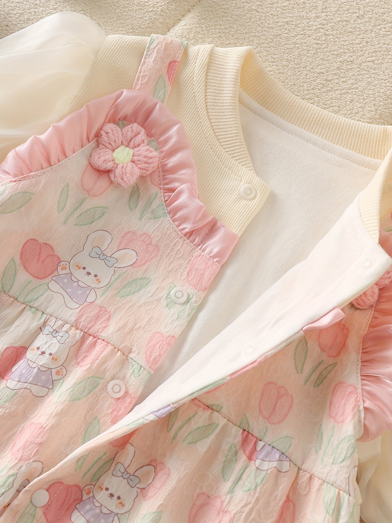Baby Girl Dress Spring Fall Pearlescent Gauze Tulip Sleeve Cartoon Pattern