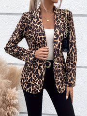 Women's Leopard Print Blazer Long Sleeve Button Front Office Casual Elegant Polyester
