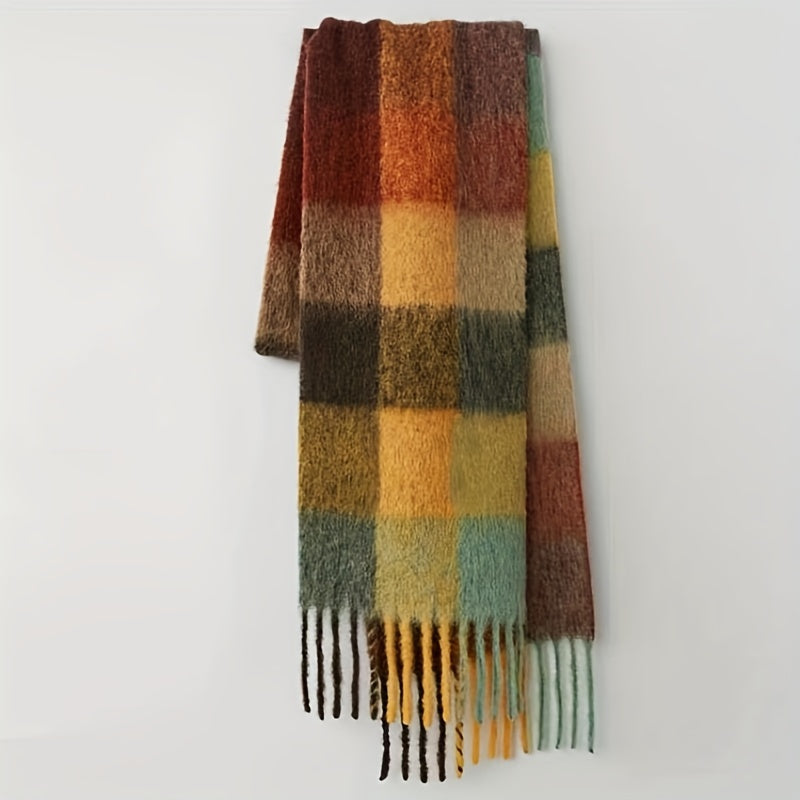 Rainbow-colored Boho Plaid Scarf with Tassels: Chunky, Imitation Tassel Shawl for Neck Warmth in Autumn and Winter. Features a Long Neckerchief Design.