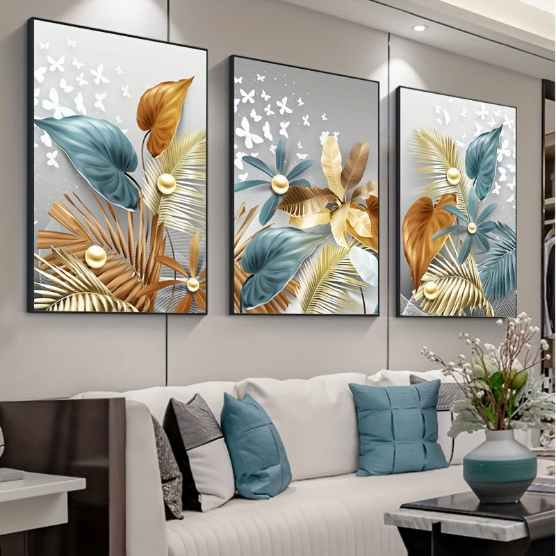 Set of 3 Frameless Modern Golden Butterfly Leaves Canvas Wall Art for Living Room Decor 15.7x23.6 Inches
