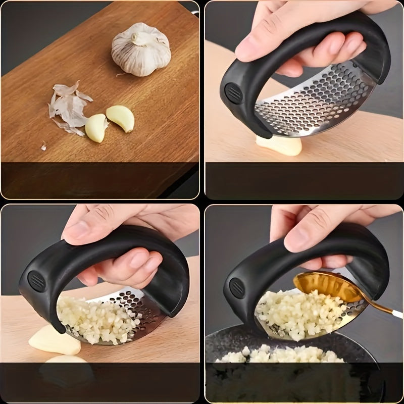 Manual Stainless Steel Garlic Press with Ergonomic Black Handle