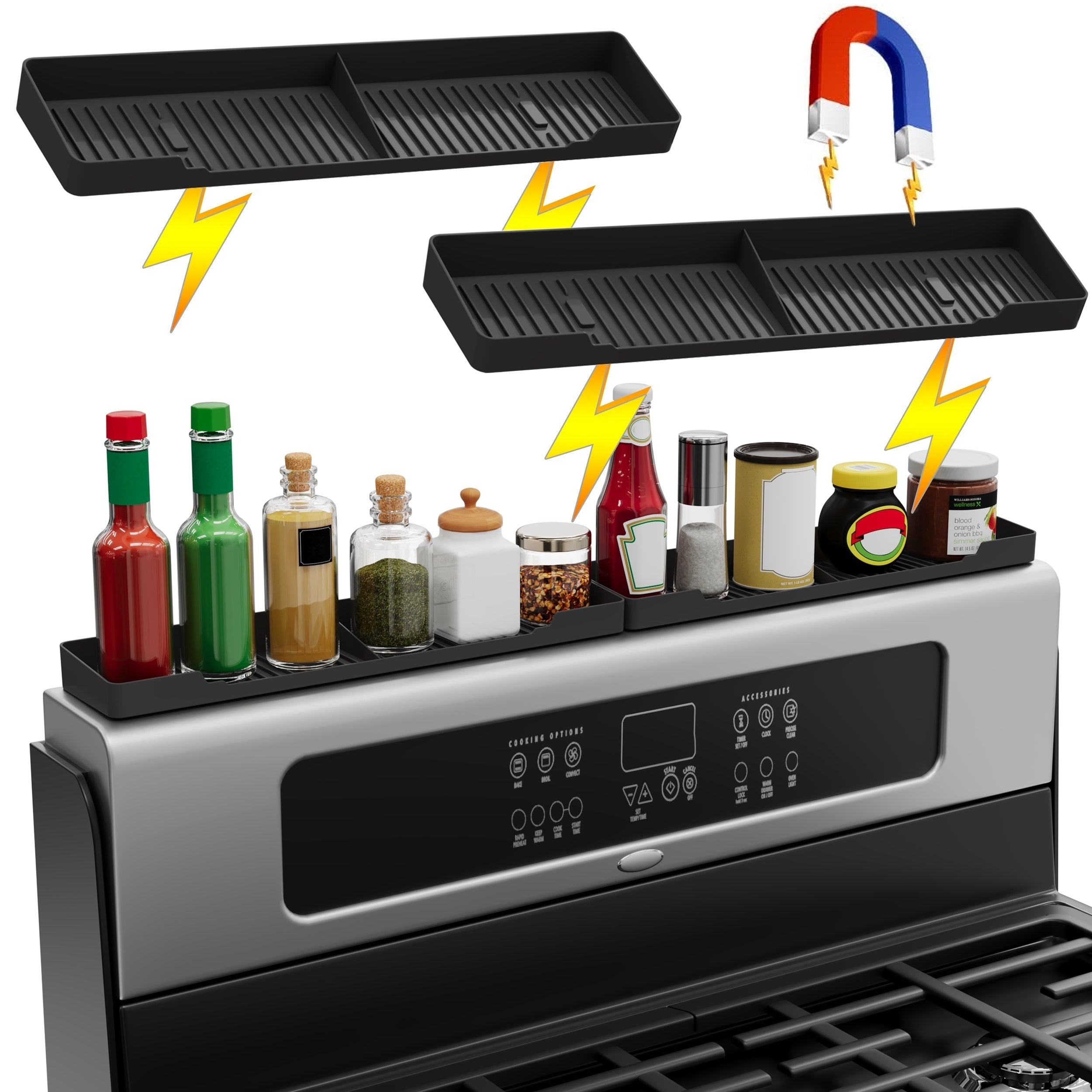 Ikkita magnit plastik pechka javoni, har biri 38.99 sm o'lchamda. Ziravorlar uchun oshxona saqlash javonlari sifatida ishlatilishi mumkin. O'rnatish oson va elektr energiyasini talab qilmaydi.