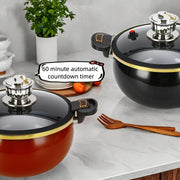Enamel Pressure Cooker 236oz Black Red Golden Lid Automatic Timer Sealed Stovetop